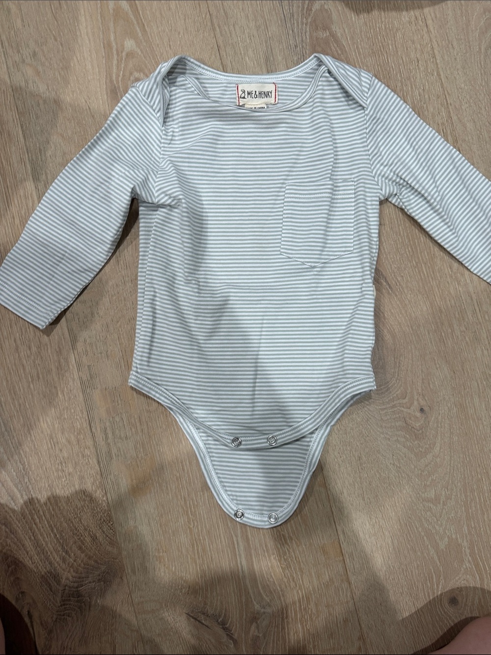 Meb & Henry Long-Sleeve Baby One-Piece in Light Gray Stripe